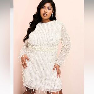 Beaded Ivory Long-Sleeve Shift Dress